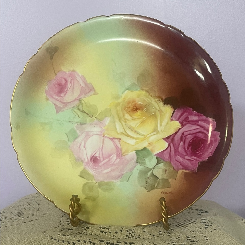 Hand-Painted Floral Decorative Plate with Pink, Yellow & Rose Tones